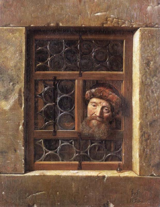 Samuel van hoogstraten Man Looking through a window Norge oil painting art